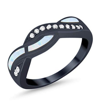 Half Eternity Weave Knot Ring Crisscross Black Tone, Lab Created White Opal 925 Sterling Silver